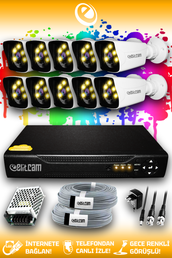 10 Kameralı Kare 10 Dış Kamera Set HDD'siz Full HD Renkli Gece Görüşlü Güvenlik Kamerası Sistemi