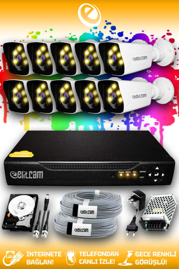 10 Kameralı Kare 10 Dış Kamera Set 1 TB HDD Full HD Renkli Gece Görüşlü Güvenlik Kamerası Sistemi