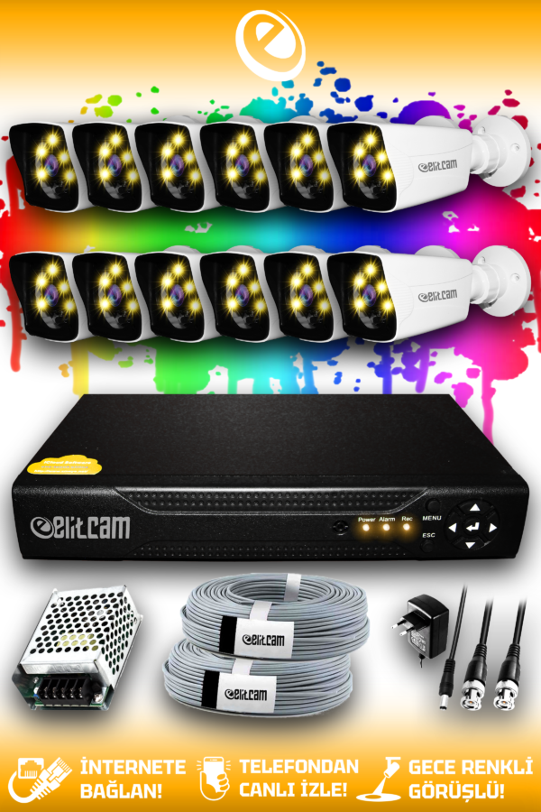 12 Kameralı Kare 12 Dış Kamera Set HDD'siz Full HD Renkli Gece Görüşlü Güvenlik Kamerası Sistemi