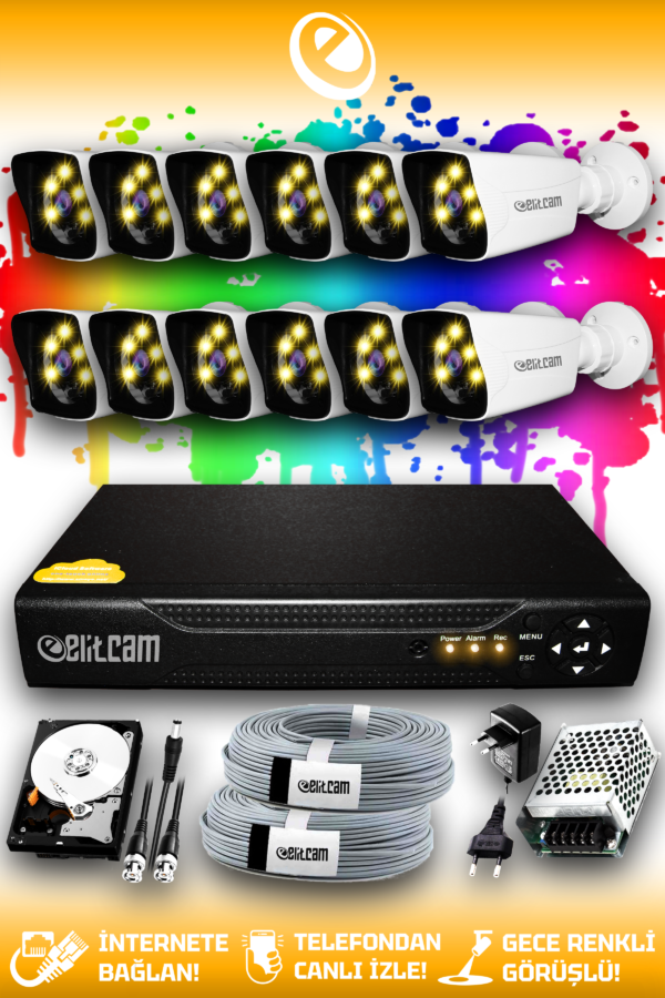 12 Kameralı Kare 12 Dış Kamera Set 2 TB HDD Full HD Renkli Gece Görüşlü Güvenlik Kamerası Sistemi