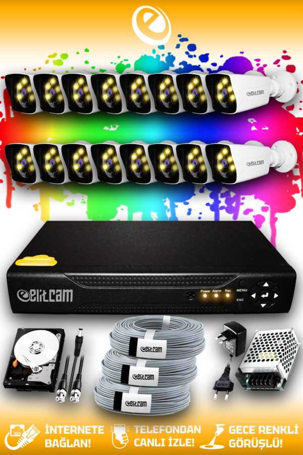 16 Kameralı Kare 16 Dış Kamera Set 1 TB HDD Full HD Renkli Gece Görüşlü Güvenlik Kamerası Sistemi