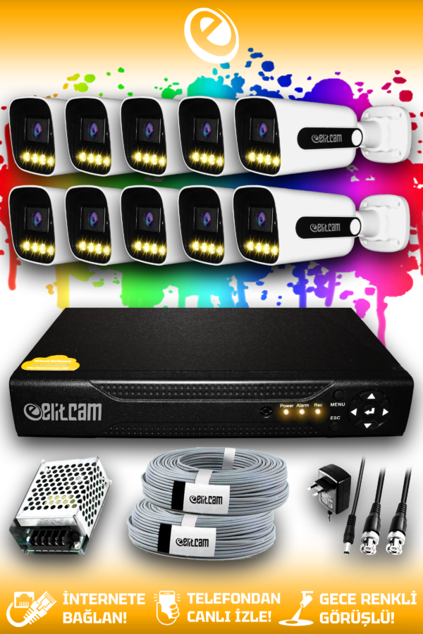 10 Kameralı Zebra 10 Dış Kamera Set HDD'siz Full HD Renkli Gece Görüşlü Güvenlik Kamerası Sistemi