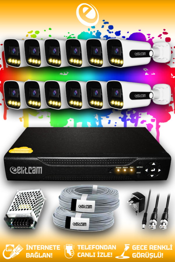 12 Kameralı Zebra 12 Dış Kamera Set HDD'siz Full HD Renkli Gece Görüşlü Güvenlik Kamerası Sistemi
