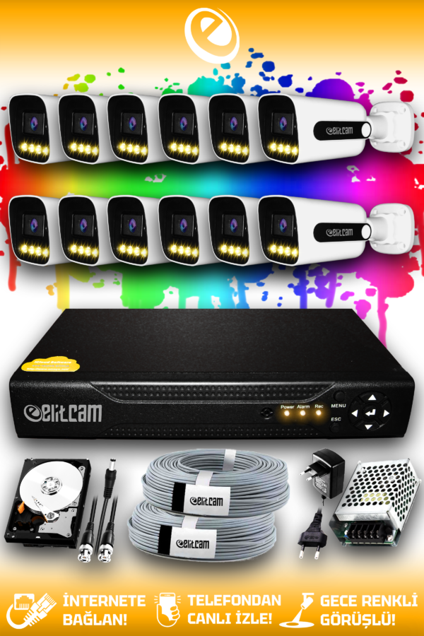 12 Kameralı Zebra 12 Dış Kamera Set 320 GB HDD Full HD Renkli Gece Görüşlü Güvenlik Kamerası Sistemi