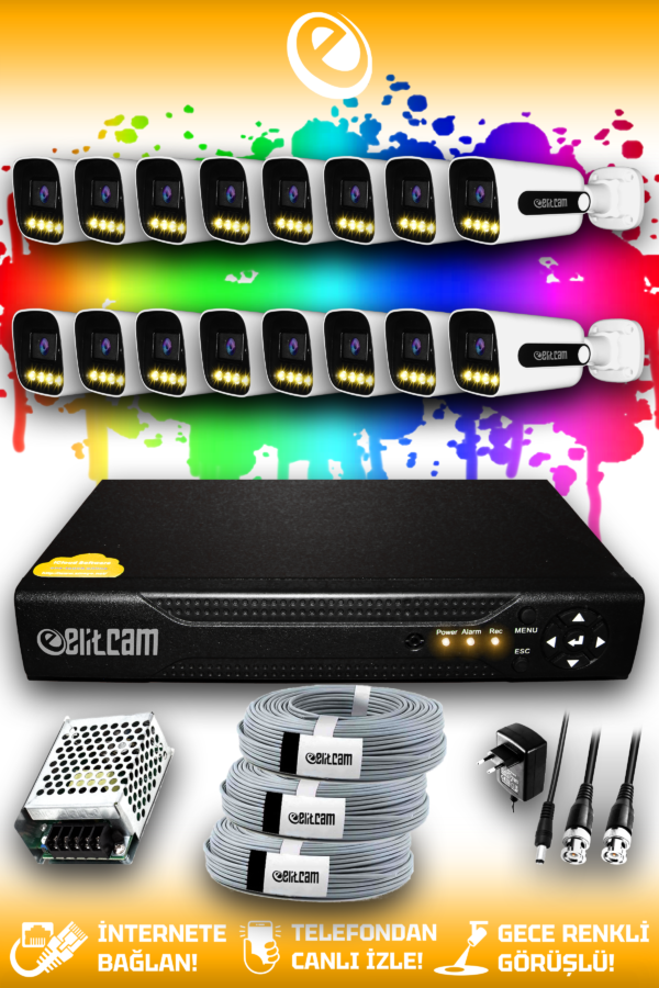 16 Kameralı Zebra 16 Dış Kamera Set HDD'siz Full HD Renkli Gece Görüşlü Güvenlik Kamerası Sistemi