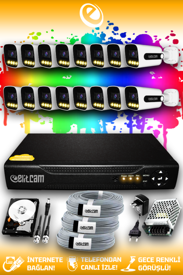 16 Kameralı Zebra 16 Dış Kamera Set 2 TB HDD Full HD Renkli Gece Görüşlü Güvenlik Kamerası Sistemi