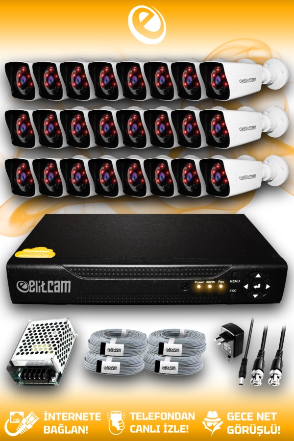 24 Kameralı Kare 24 Dış Kamera Set HDD'siz Full HD Gece Görüşlü Güvenlik Kamerası Sistemi