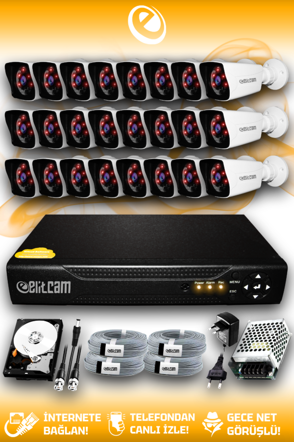 24 Kameralı Kare 24 Dış Kamera Set 2 TB HDD Full HD Gece Görüşlü Güvenlik Kamerası Sistemi