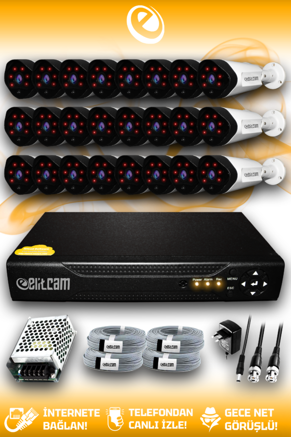 24 Kameralı Uzay 24 Dış Kamera Set HDD'siz Full HD Gece Görüşlü Güvenlik Kamerası Sistemi