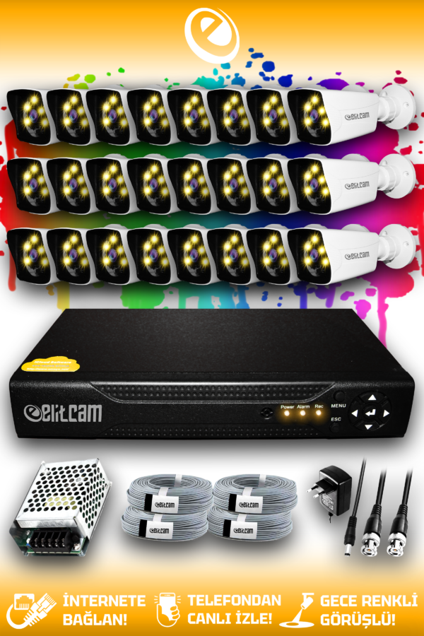 24 Kameralı Kare 24 Dış Kamera Set HDD'siz Full HD Renkli Gece Görüşlü Güvenlik Kamerası Sistemi