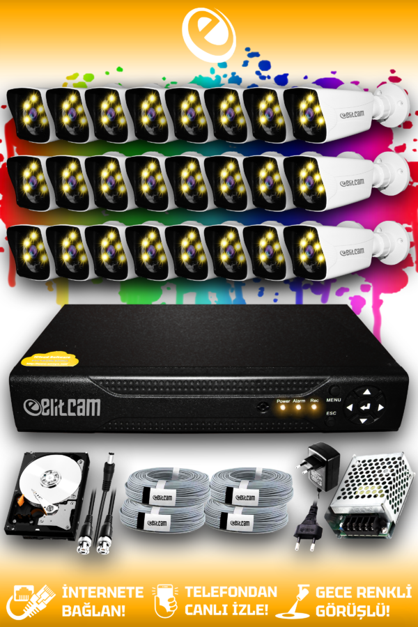 24 Kameralı Kare 24 Dış Kamera Set 2 TB HDD Full HD Renkli Gece Görüşlü Güvenlik Kamerası Sistemi