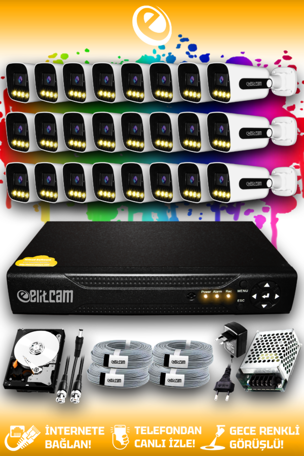 24 Kameralı Zebra 24 Dış Kamera Set 1 TB HDD Full HD Renkli Gece Görüşlü Güvenlik Kamerası Sistemi