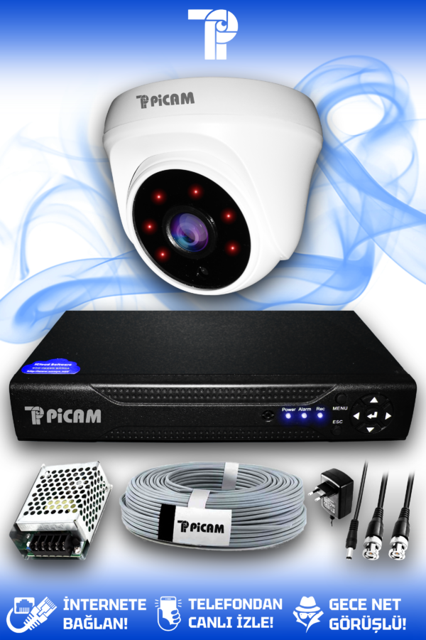 1 Kameralı Dome 1 İç Kamera Set HDD'siz Full HD Gece Görüşlü Güvenlik Kamerası Sistemi