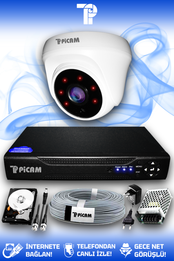 1 Kameralı Dome 1 İç Kamera Set 1 TB HDD Full HD Gece Görüşlü Güvenlik Kamerası Sistemi