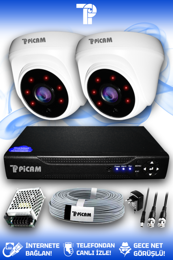 2 Kameralı Dome 2 İç Kamera Set HDD'siz Full HD Gece Görüşlü Güvenlik Kamerası Sistemi