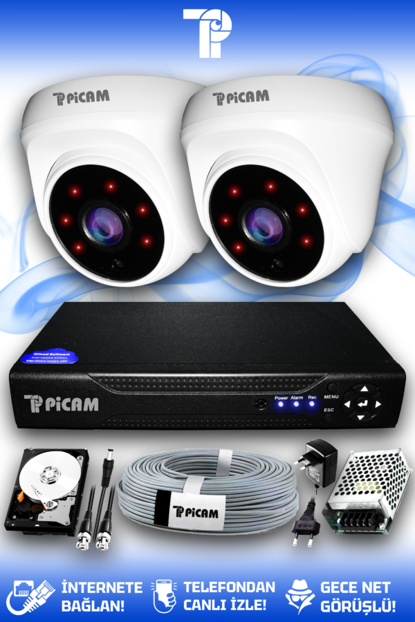 2 Kameralı Dome 2 İç Kamera Set 320 GB HDD Full HD Gece Görüşlü Güvenlik Kamerası Sistemi
