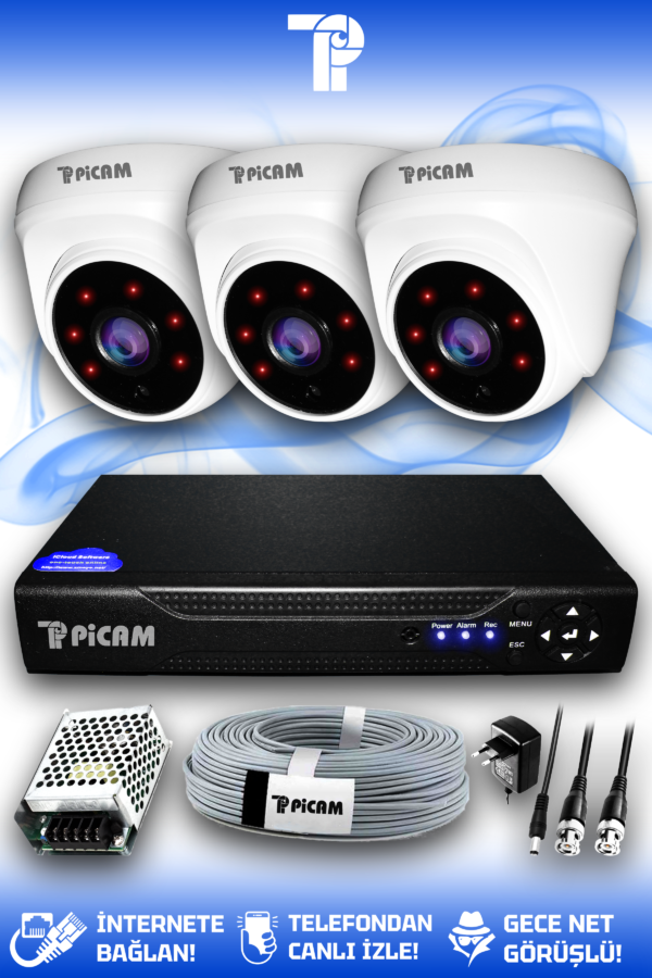 3 Kameralı Dome 3 İç Kamera Set HDD'siz Full HD Gece Görüşlü Güvenlik Kamerası Sistemi