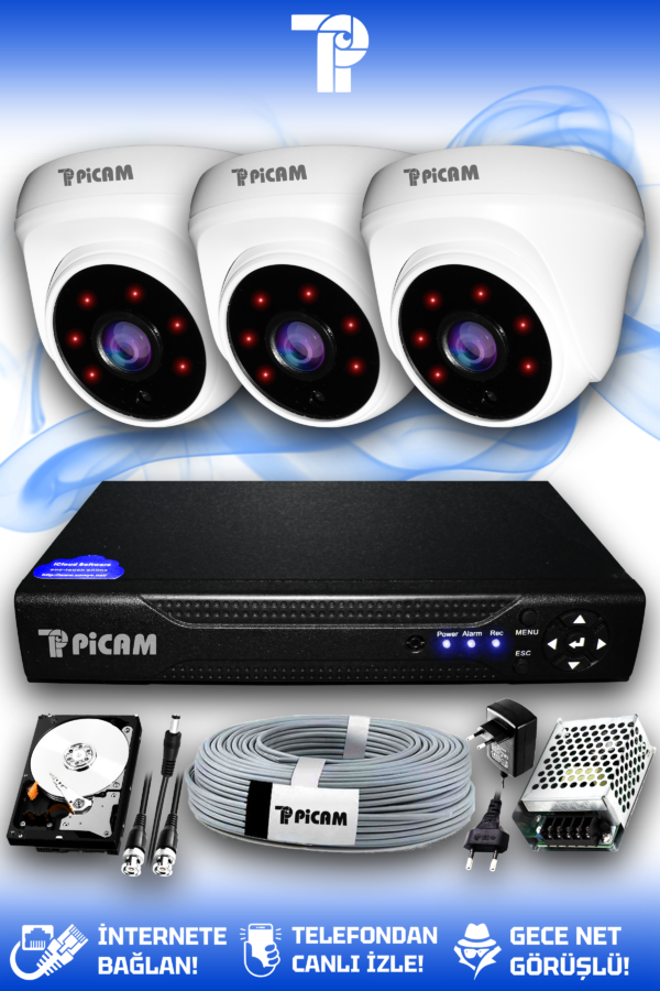 3 Kameralı Dome 3 İç Kamera Set 250 GB HDD Full HD Gece Görüşlü Güvenlik Kamerası Sistemi