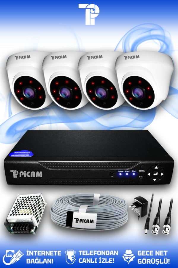 4 Kameralı Dome 4 İç Kamera Set HDD'siz Full HD Gece Görüşlü Güvenlik Kamerası Sistemi