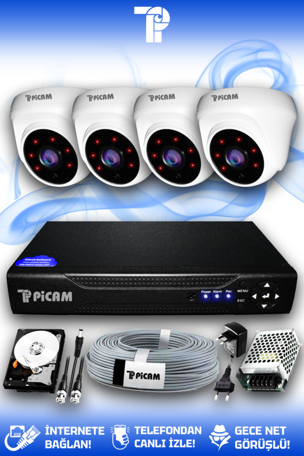 4 Kameralı Dome 4 İç Kamera Set 1 TB HDD Full HD Gece Görüşlü Güvenlik Kamerası Sistemi