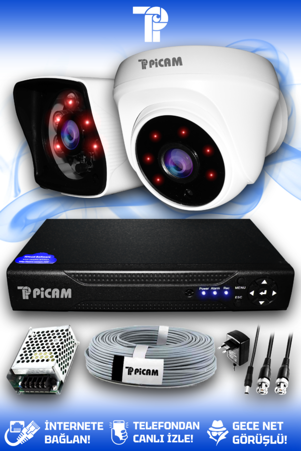 2 Kameralı Kare 1 İç Kamera Set HDD'siz Full HD Gece Görüşlü Güvenlik Kamerası Sistemi