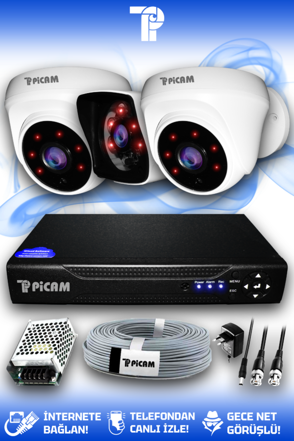 3 Kameralı Kare 2 İç Kamera Set HDD'siz Full HD Gece Görüşlü Güvenlik Kamerası Sistemi