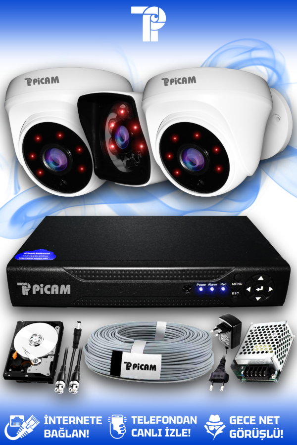 3 Kameralı Kare 2 İç Kamera Set 1 TB HDD Full HD Gece Görüşlü Güvenlik Kamerası Sistemi