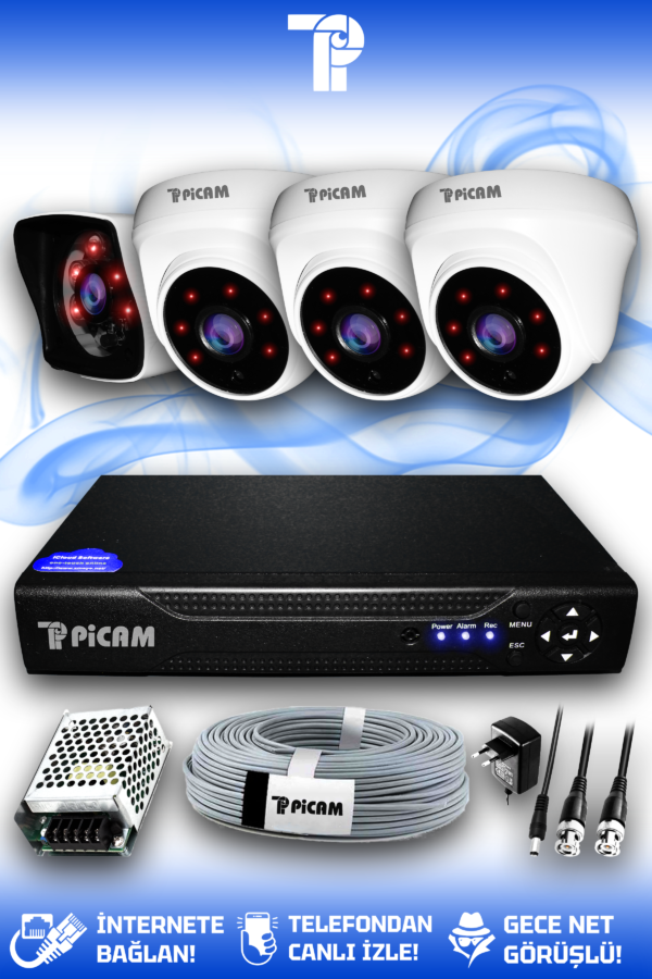4 Kameralı Kare 3 İç Kamera Set HDD'siz Full HD Gece Görüşlü Güvenlik Kamerası Sistemi