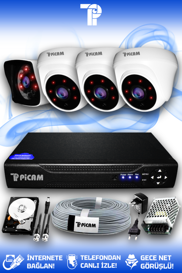 4 Kameralı Kare 3 İç Kamera Set 100 GB HDD Full HD Gece Görüşlü Güvenlik Kamerası Sistemi