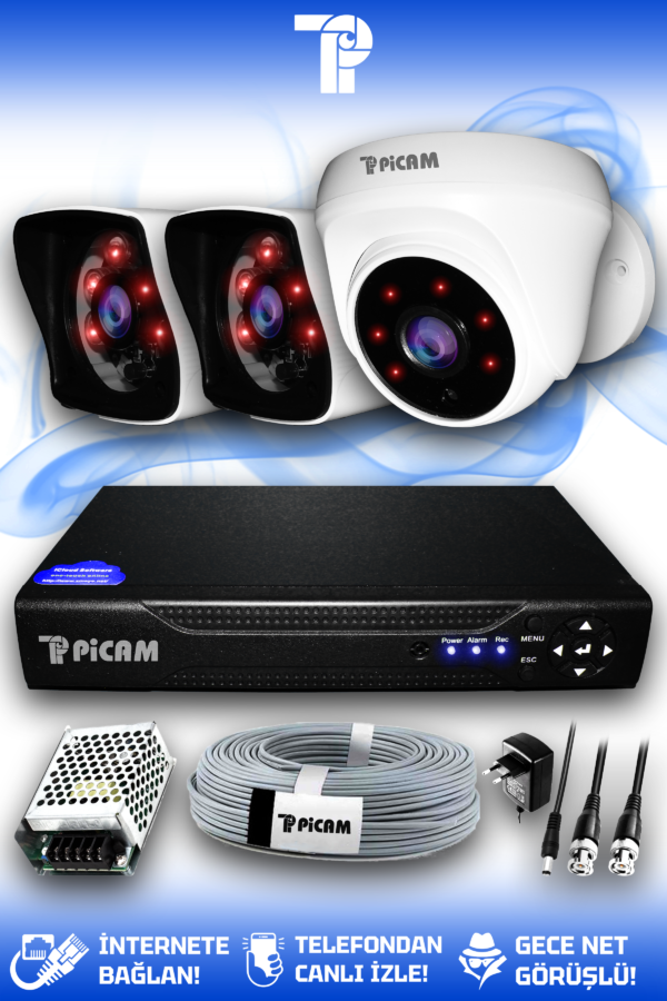 3 Kameralı Kare 1 İç Kamera Set HDD'siz Full HD Gece Görüşlü Güvenlik Kamerası Sistemi