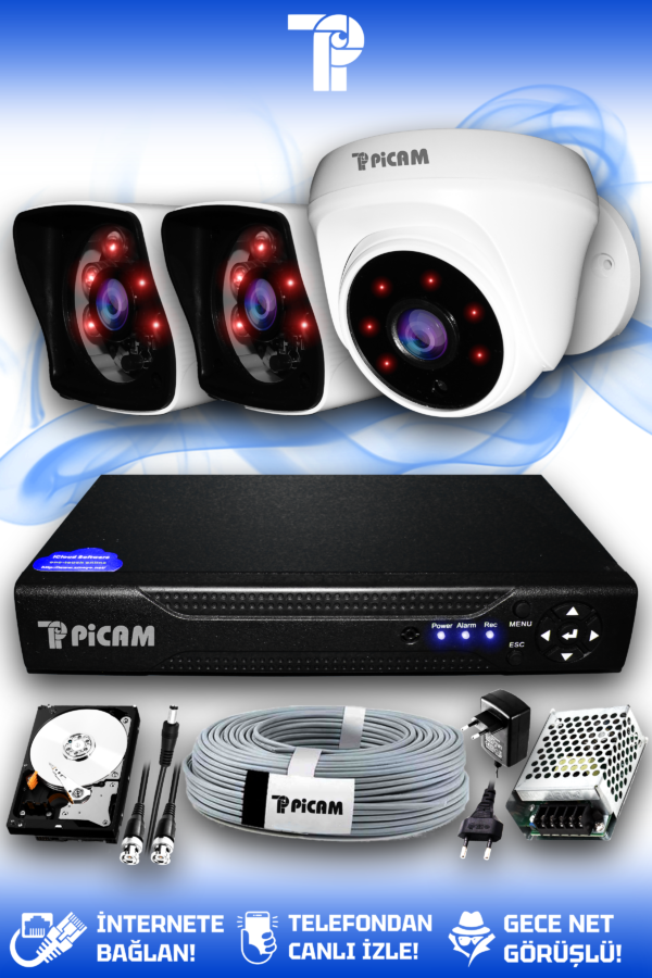 3 Kameralı Kare 1 İç Kamera Set 1 TB HDD Full HD Gece Görüşlü Güvenlik Kamerası Sistemi