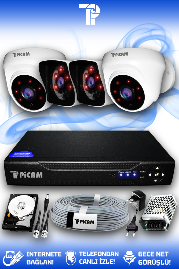 4 Kameralı Kare 2 İç Kamera Set 320 GB HDD Full HD Gece Görüşlü Güvenlik Kamerası Sistemi