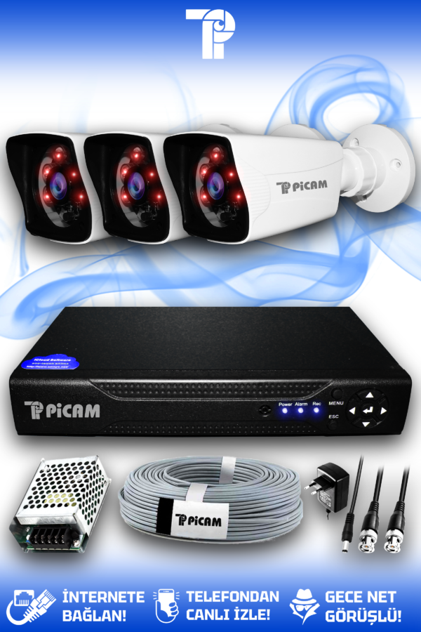 3 Kameralı Kare 3 Dış Kamera Set HDD'siz Full HD Gece Görüşlü Güvenlik Kamerası Sistemi