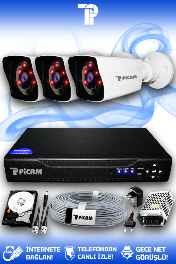 3 Kameralı Kare 3 Dış Kamera Set 320 GB HDD Full HD Gece Görüşlü Güvenlik Kamerası Sistemi