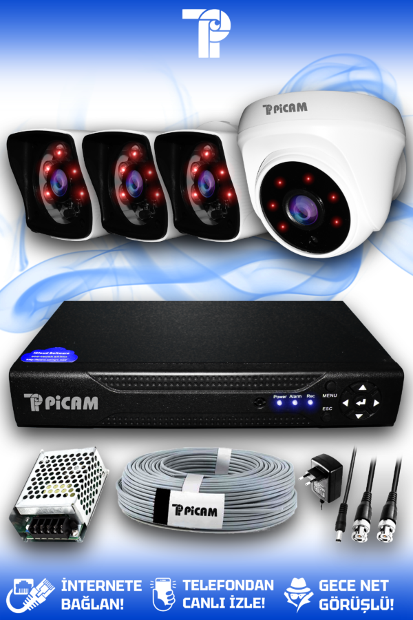 4 Kameralı Kare 1 İç Kamera Set HDD'siz Full HD Gece Görüşlü Güvenlik Kamerası Sistemi