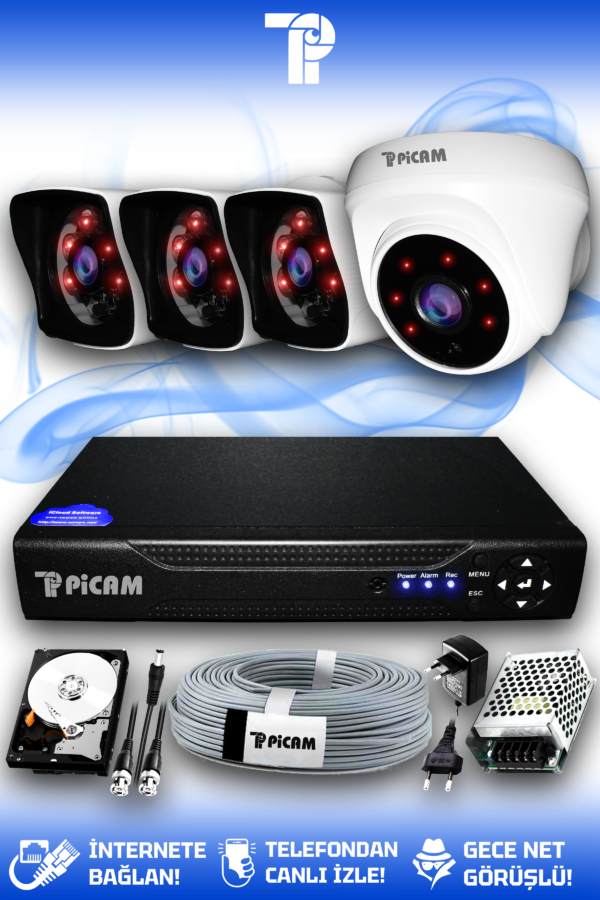 4 Kameralı Kare 1 İç Kamera Set 1 TB HDD Full HD Gece Görüşlü Güvenlik Kamerası Sistemi