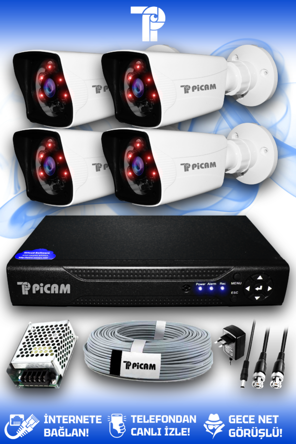 4 Kameralı Kare 4 Dış Kamera Set HDD'siz Full HD Gece Görüşlü Güvenlik Kamerası Sistemi