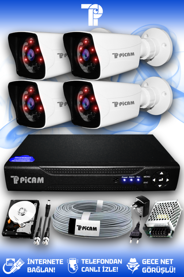 4 Kameralı Kare 4 Dış Kamera Set 1 TB HDD Full HD Gece Görüşlü Güvenlik Kamerası Sistemi