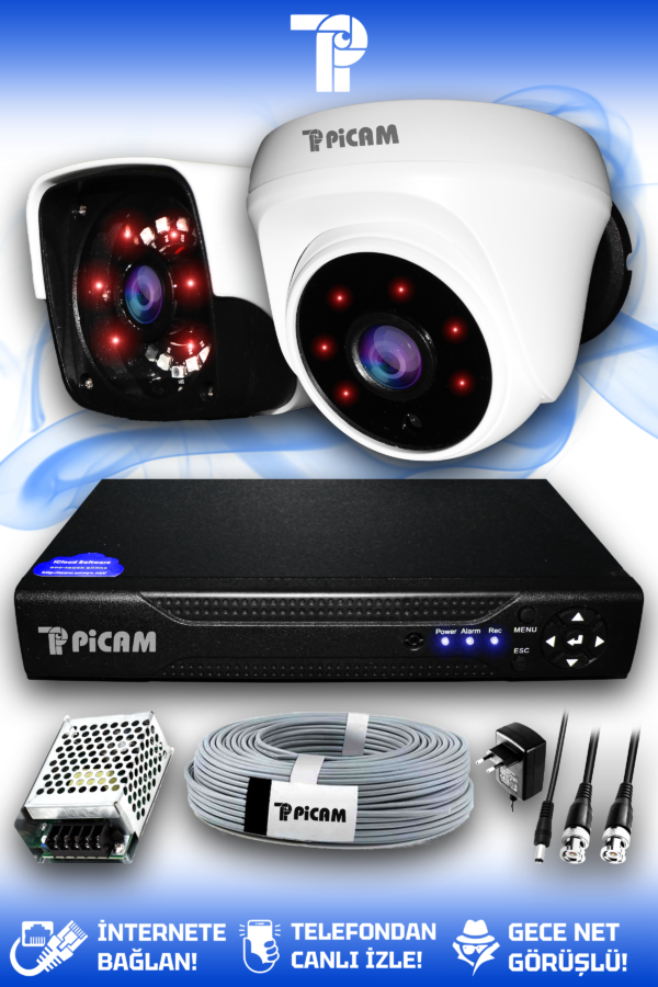 2 Kameralı Panda 1 İç Kamera Set HDD'siz Full HD Gece Görüşlü Güvenlik Kamerası Sistemi