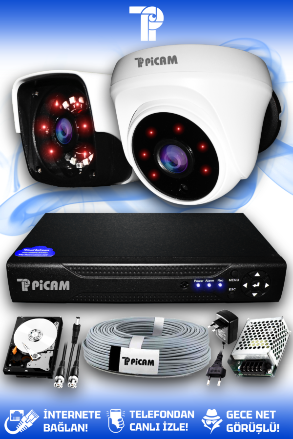 2 Kameralı Panda 1 İç Kamera Set 500 GB HDD Full HD Gece Görüşlü Güvenlik Kamerası Sistemi