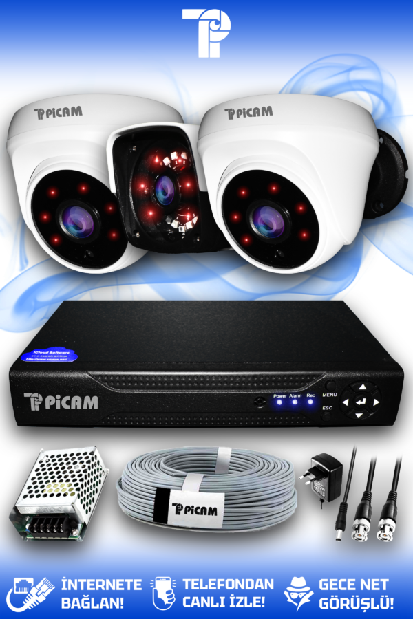 3 Kameralı Panda 2 İç Kamera Set HDD'siz Full HD Gece Görüşlü Güvenlik Kamerası Sistemi