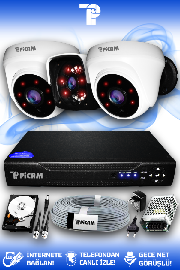 3 Kameralı Panda 2 İç Kamera Set 1 TB HDD Full HD Gece Görüşlü Güvenlik Kamerası Sistemi