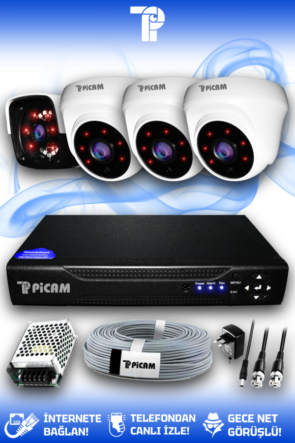 4 Kameralı Panda 3 İç Kamera Set HDD'siz Full HD Gece Görüşlü Güvenlik Kamerası Sistemi
