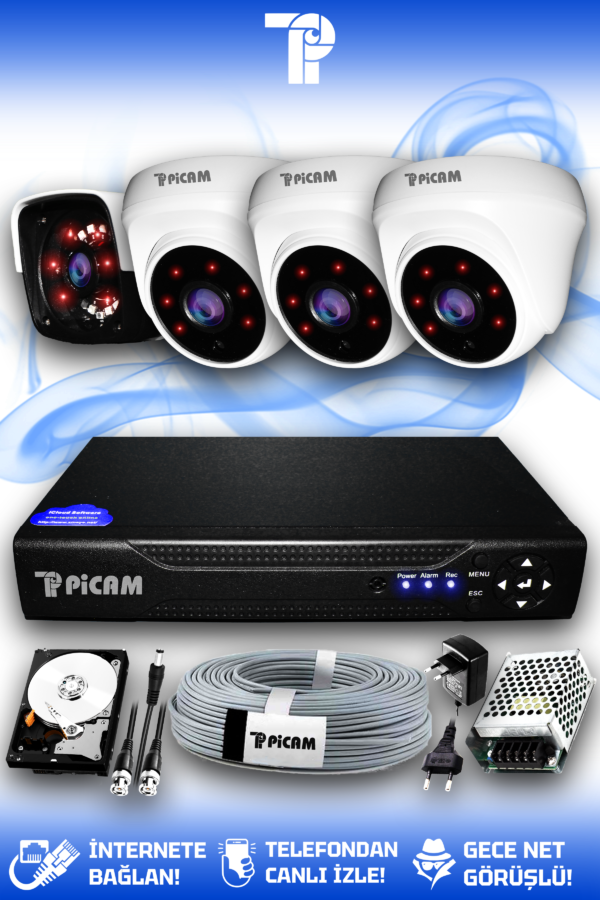 4 Kameralı Panda 3 İç Kamera Set 100 GB HDD Full HD Gece Görüşlü Güvenlik Kamerası Sistemi
