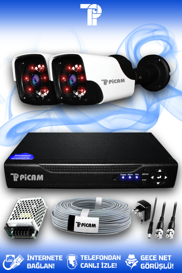 2 Kameralı Panda 2 Dış Kamera Set HDD'siz Full HD Gece Görüşlü Güvenlik Kamerası Sistemi