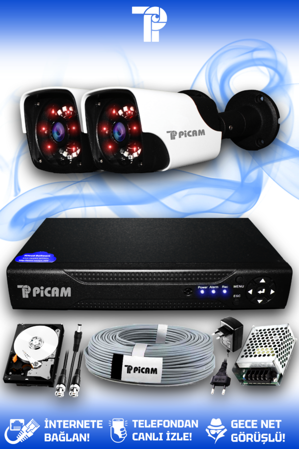 2 Kameralı Panda 2 Dış Kamera Set 1 TB HDD Full HD Gece Görüşlü Güvenlik Kamerası Sistemi