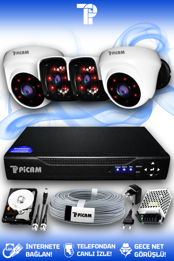 4 Kameralı Panda 2 İç Kamera Set 1 TB HDD Full HD Gece Görüşlü Güvenlik Kamerası Sistemi
