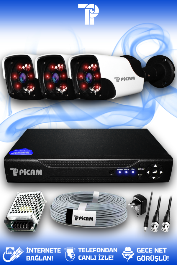 3 Kameralı Panda 3 Dış Kamera Set HDD'siz Full HD Gece Görüşlü Güvenlik Kamerası Sistemi