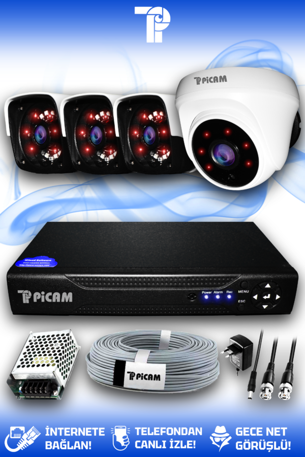 4 Kameralı Panda 1 İç Kamera Set HDD'siz Full HD Gece Görüşlü Güvenlik Kamerası Sistemi