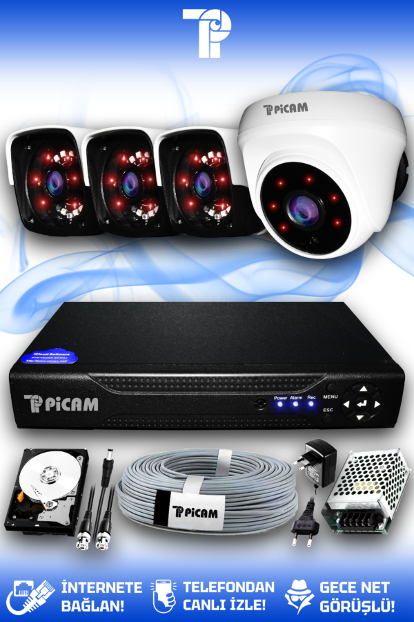 4 Kameralı Panda 1 İç Kamera Set 320 GB HDD Full HD Gece Görüşlü Güvenlik Kamerası Sistemi